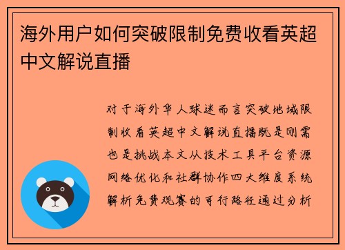 海外用户如何突破限制免费收看英超中文解说直播