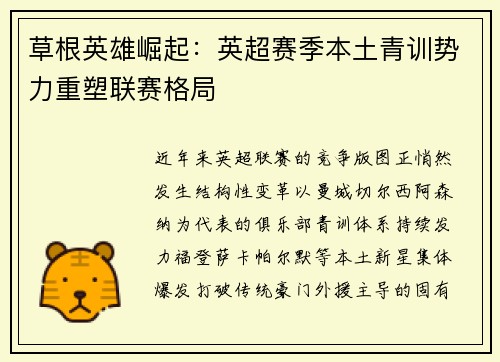 草根英雄崛起：英超赛季本土青训势力重塑联赛格局