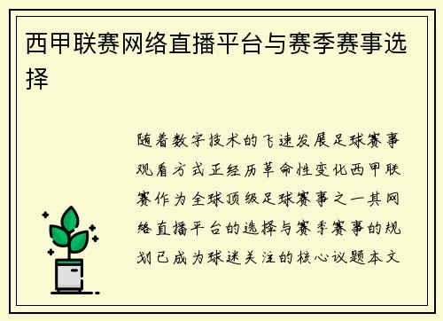 西甲联赛网络直播平台与赛季赛事选择